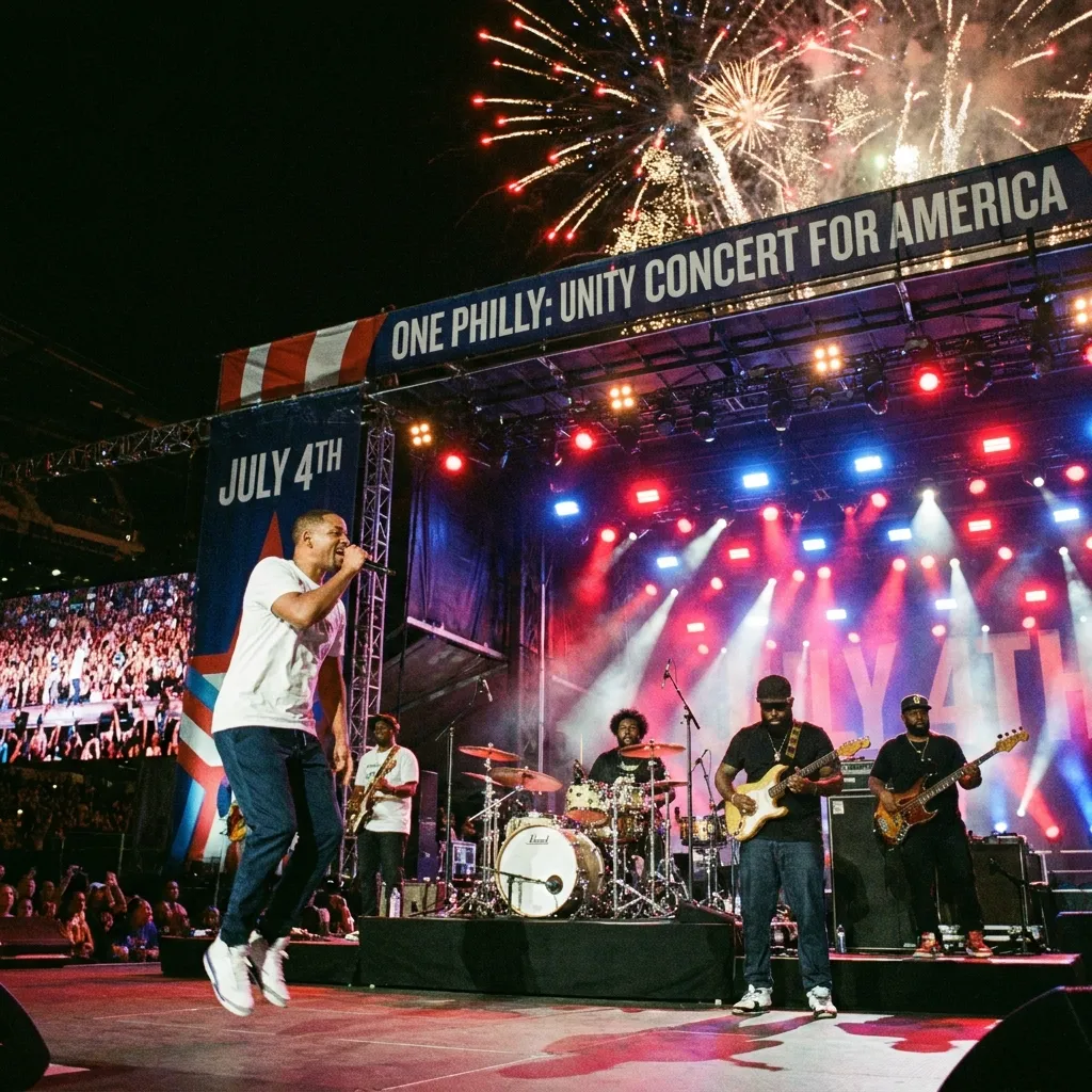 Will Smith performing energetically on stage alongside The Roots at the 'One Philly: Unity Concert For America' during the July 4th celebrations, illuminated by bright stage lights.