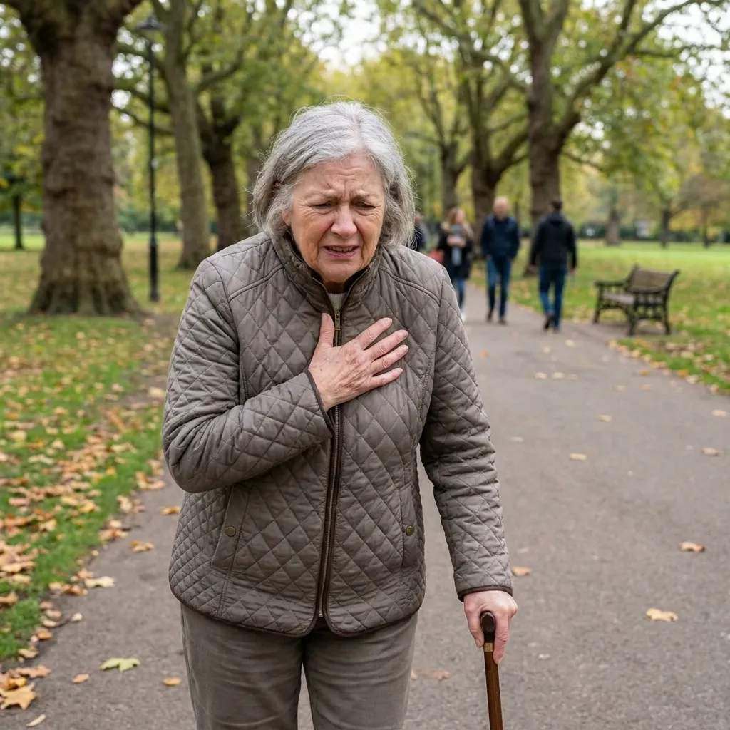 An older woman clutching her chest while out for a casual walk in the park, looking distressed.