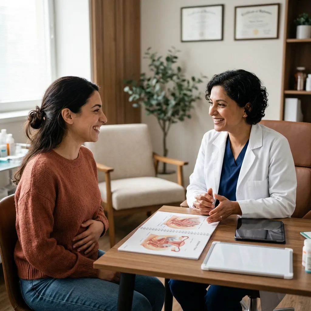 Smiling female patient holding her stomach while consulting with a female doctor at a desk with an anatomical chart in a brightly lit medical clinic