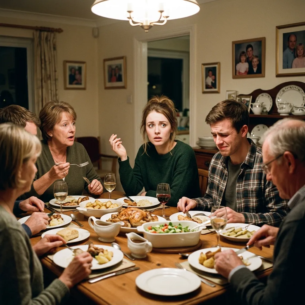 A young woman looking visibly uncomfortable and experiencing an awkward moment while dining with her partner's family.