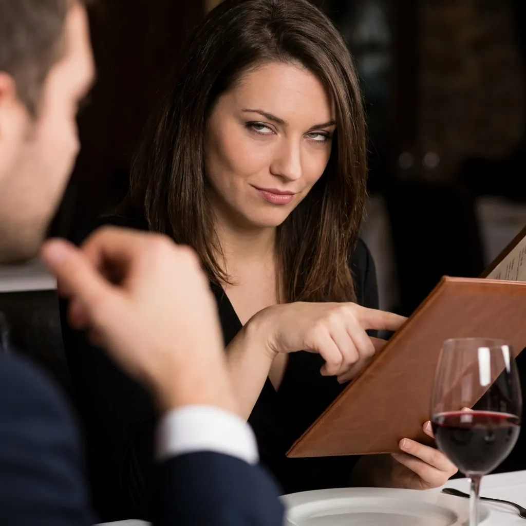 Close-up photo of a woman giving a patronizing, narrow-eyed gaze towards a waiter off-camera, while holding a menu, capturing an instant red flag in dating behavior.