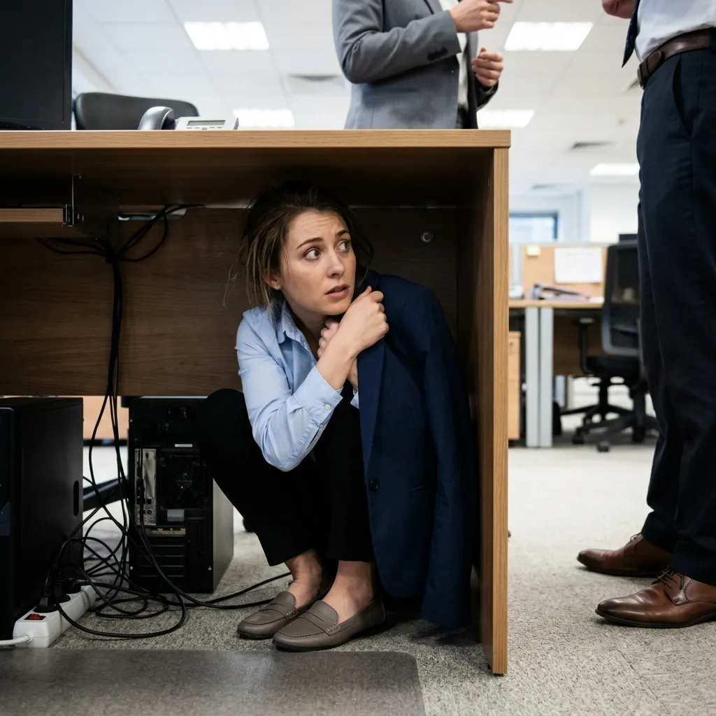 A panicked woman hiding under an office desk while holding her blazer, illustrating a close call during a secret office romance