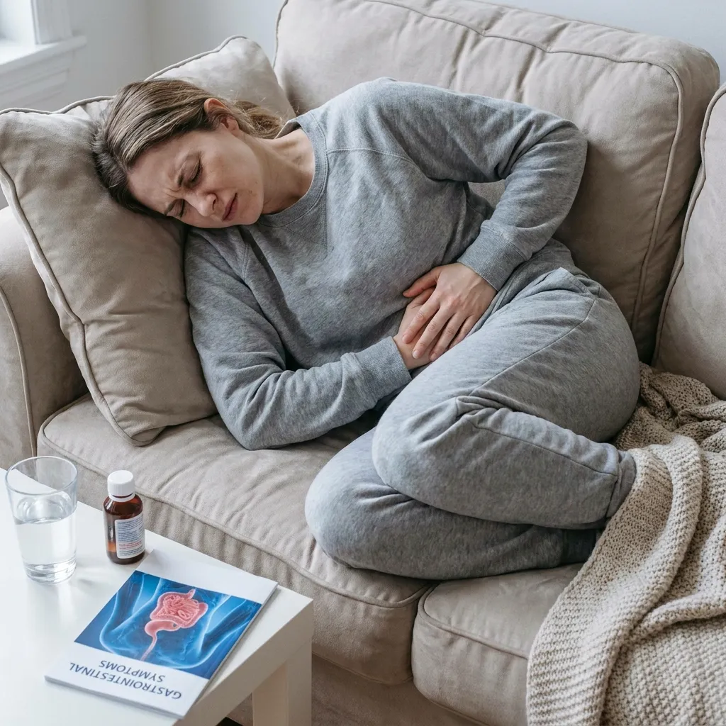 A visibly unwell woman in comfortable clothing sitting on a couch, holding her stomach in pain while looking exhausted, illustrating the severe gastrointestinal symptoms of the explosive diarrhea parasite.