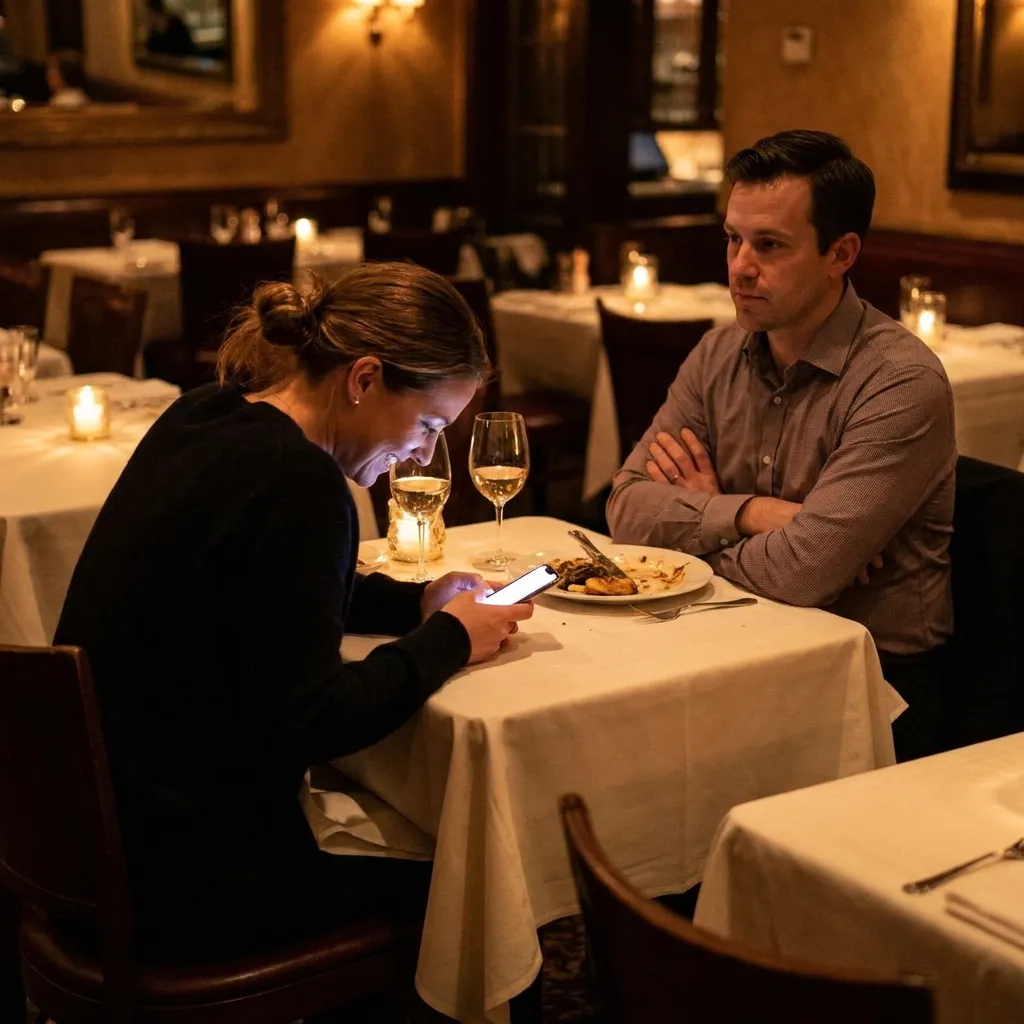 A woman looking down at her glowing smartphone screen while ignoring her date at a romantic restaurant.