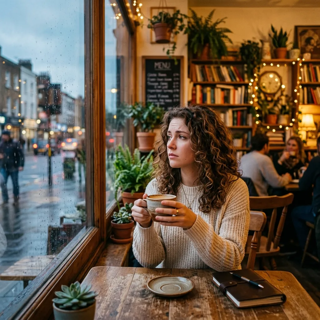 A thoughtful young woman, late 20s, with curly brown hair, sits in a bohemian cafe, a coffee cup in hand. She gazes out the window, a pensive, almost worried expression on her face. The background is a gently blurred interior with warm, ambient lighting, books, and plants.