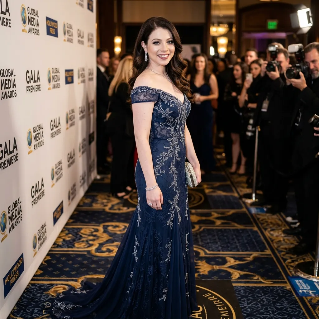 Michelle Trachtenberg in an elegant dress at a media event.