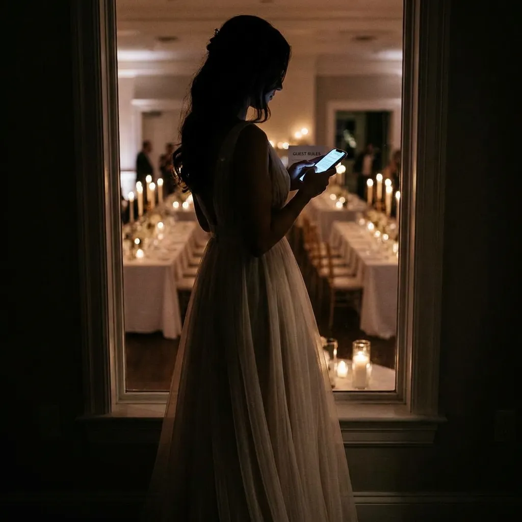 A silhouette of a female guest wearing a very pale, almost white gown at a formal event, referencing the rumored breach of the Taylor Swift wedding guest rules.