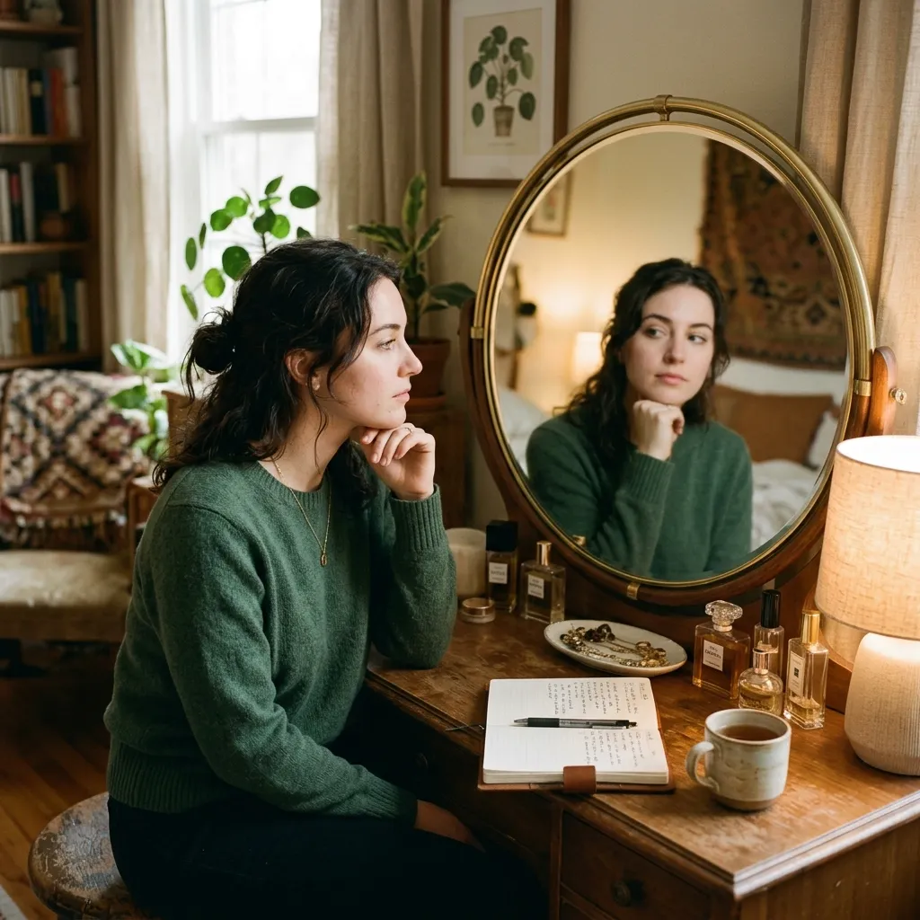 A contemplative woman looking in a mirror, representing the search for signs you think about yourself too much.