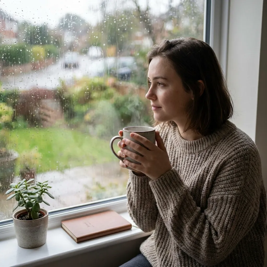 A thoughtful woman looking out a window trying to heal and move on after the woman discovers boyfriend is brother]