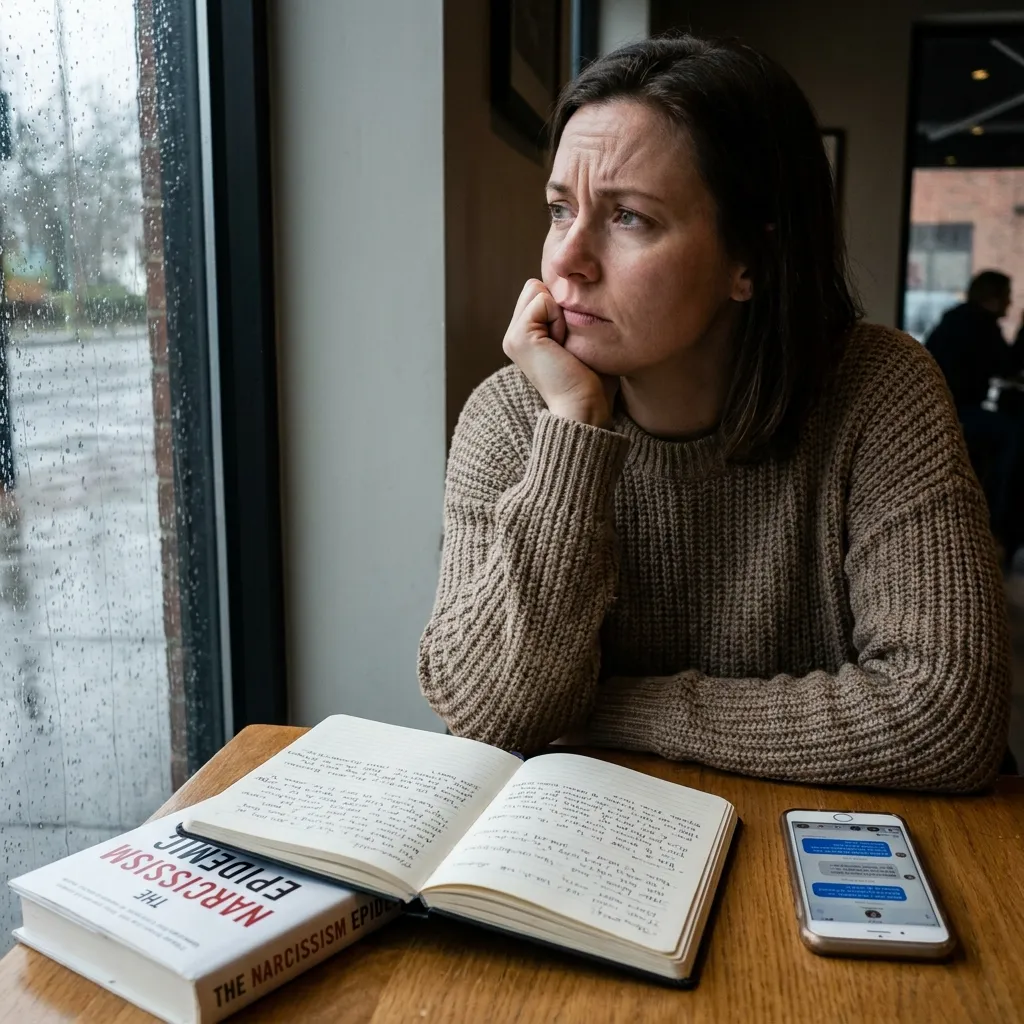 Pensive woman looking out a rainy cafe window sitting at a table with a smartphone, open handwritten journal, and a book titled The Narcissism Epidemic.