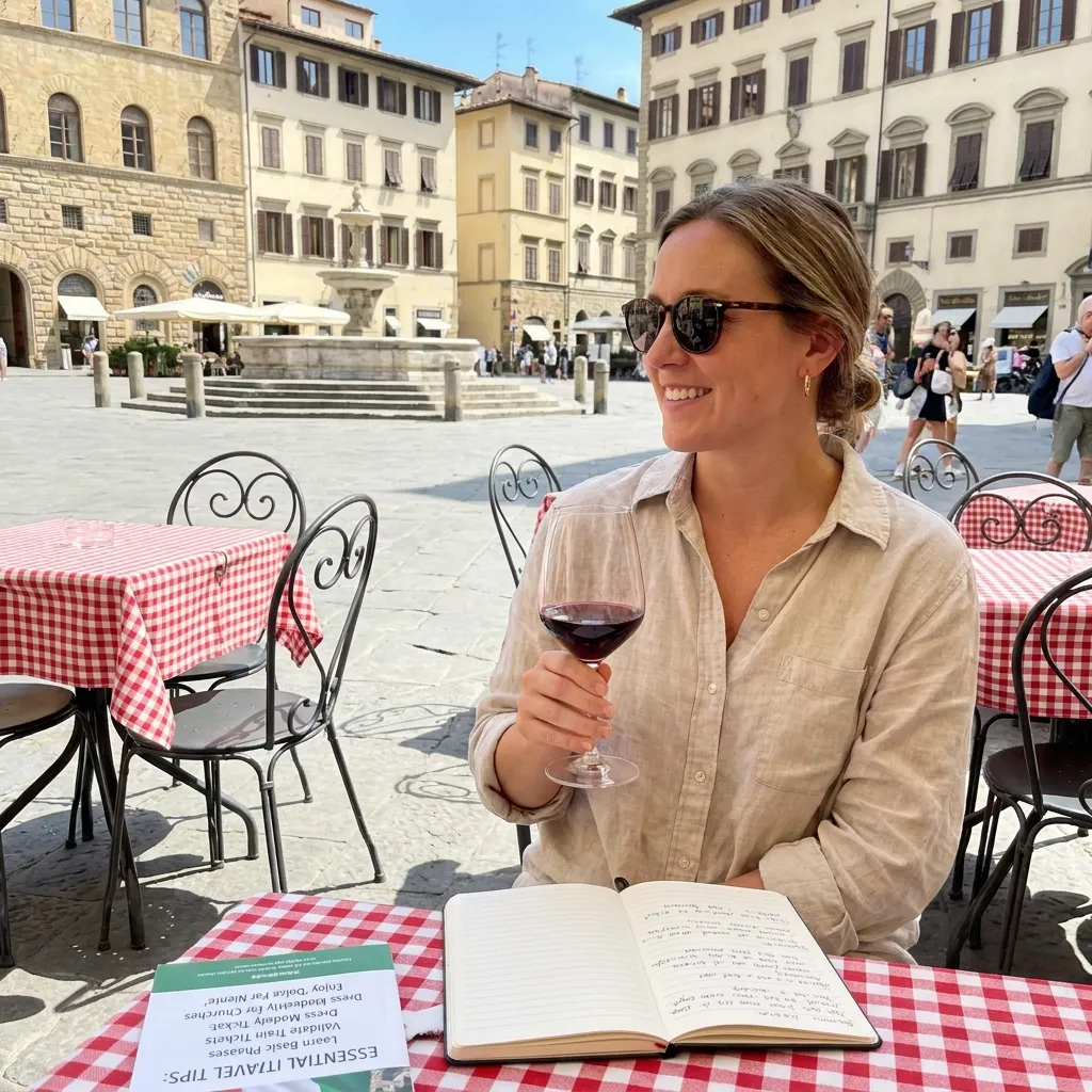 Woman relaxing at an outdoor cafe in a Florence piazza with red wine, embodying the relaxed lifestyle and essential things to know before traveling to Italy.