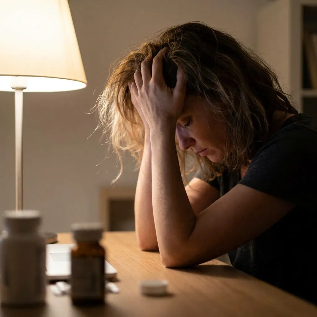 A woman holding her head in her hands, suffering from an invisible illness before discovering leech therapy for chronic migraines.