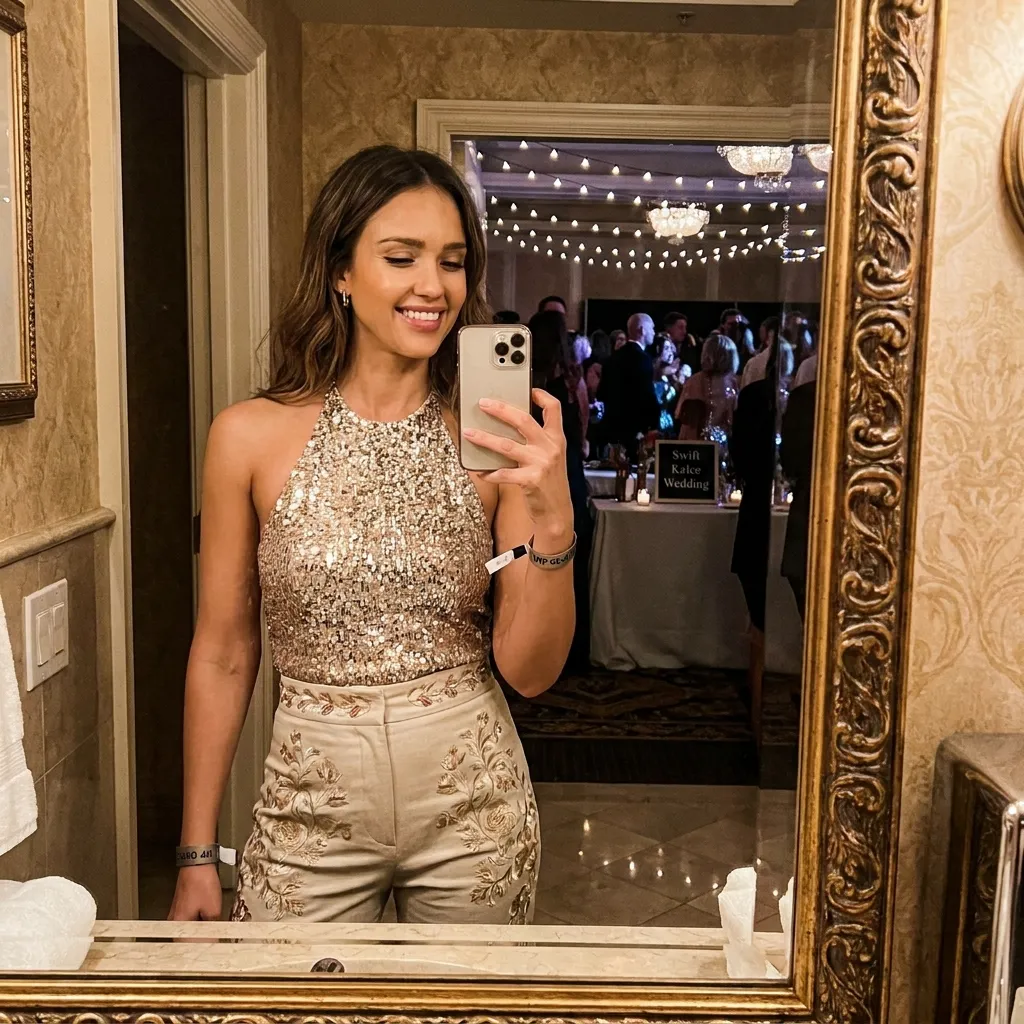 Jessica Alba taking a mirror selfie in a halter top and embellished bottoms for the Swift Kelce wedding