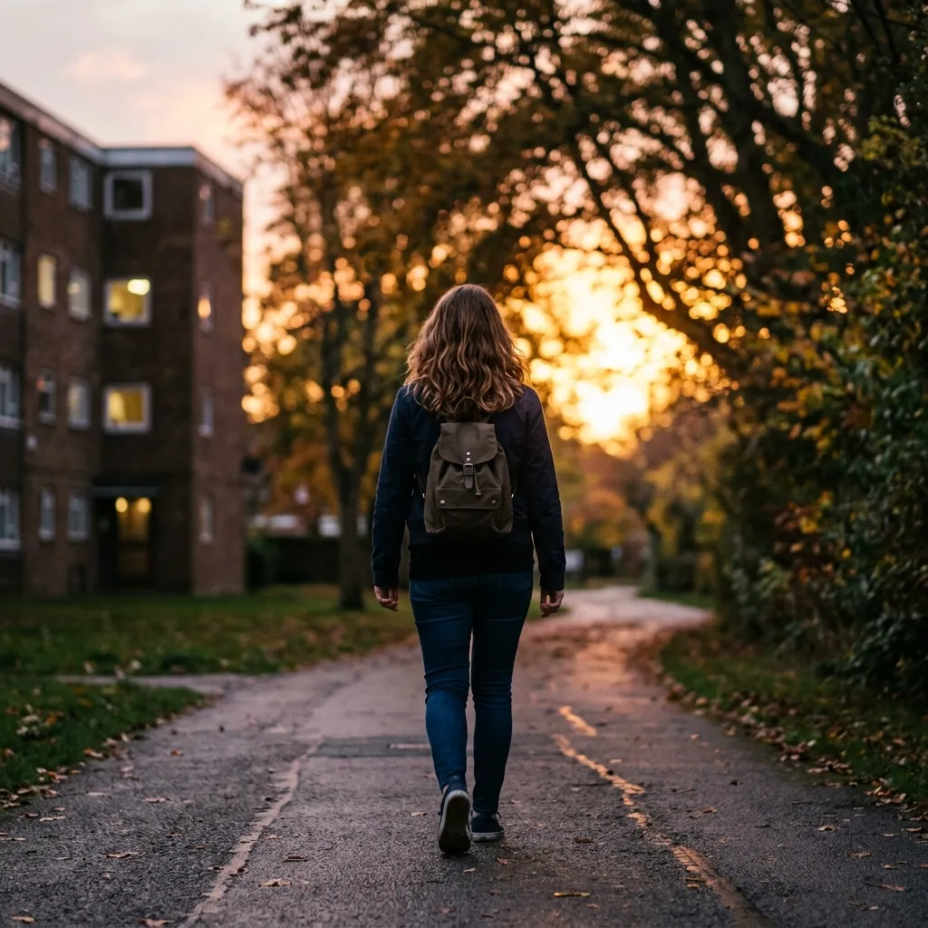 A photo taken from behind a woman with a confident stride. She is walking away from a blurred, nondescript apartment building at dusk, carrying a small backpack, looking forward into a warm, golden sunset filtering through trees.