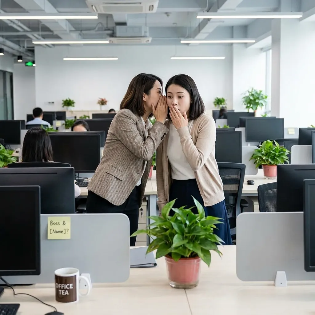 A woman whispering a juicy secret to her coworker in an open-concept office, representing employee boss hookup stories