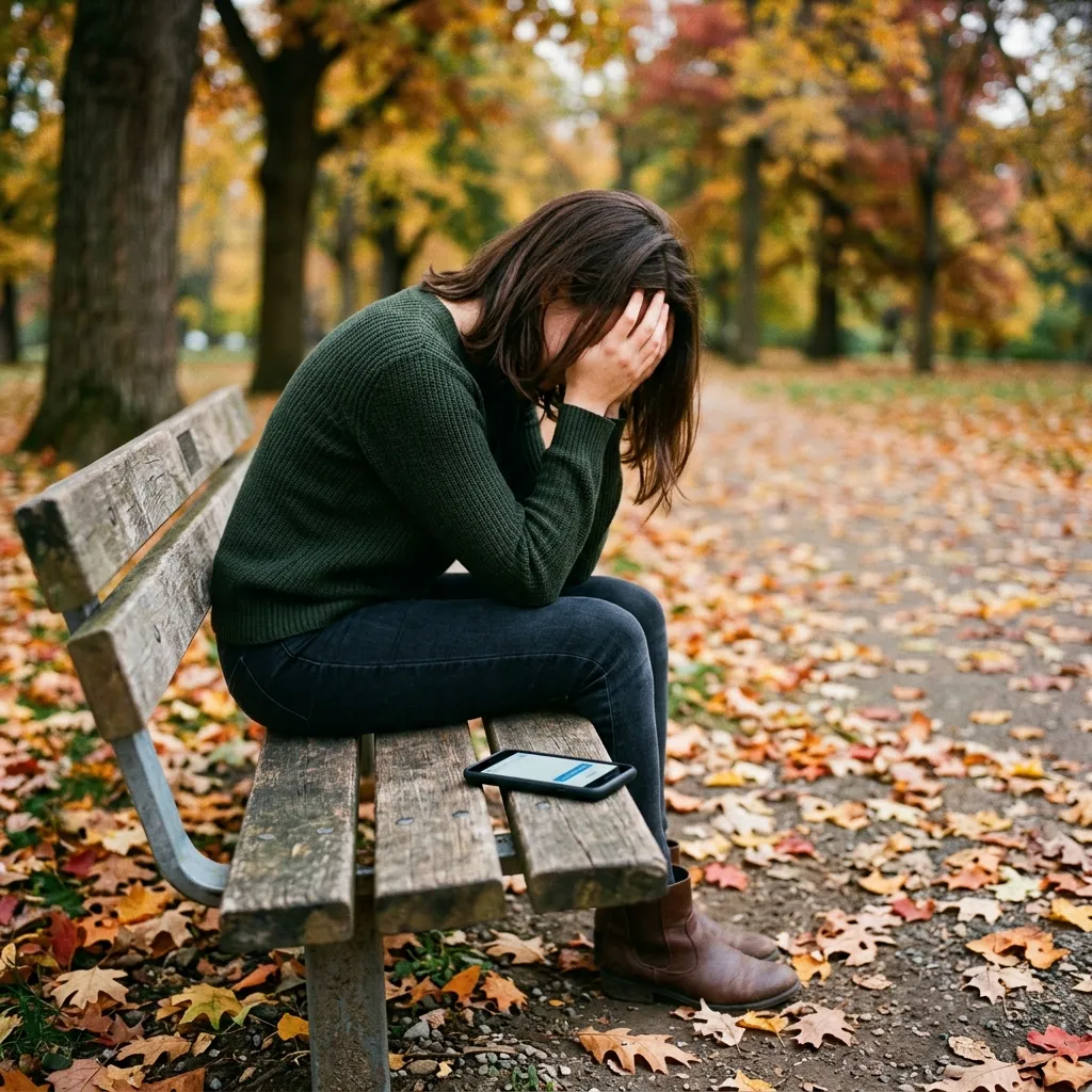 A woman is with her head down, leaning against a park bench, her face partially obscured by her hands. Her phone lies next to her, screen up, showing a simple message bubble: 'I just hate drama.' A few autumn leaves are scattered on the ground around her.]