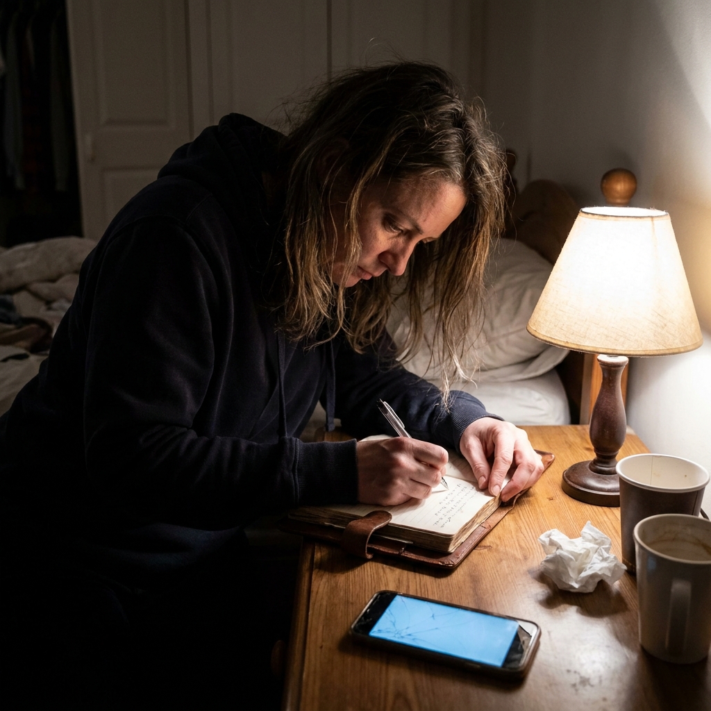 A woman writing her secrets in a hidden journal late at night, representing the guilt behind anonymous side chick confessions