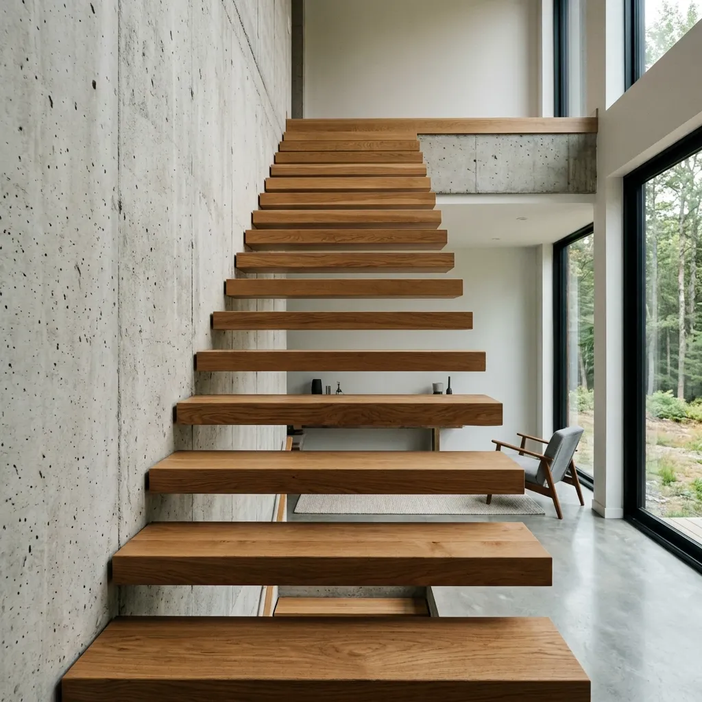 A steep, minimalist set of wooden floating stairs with no handrails or safety barriers