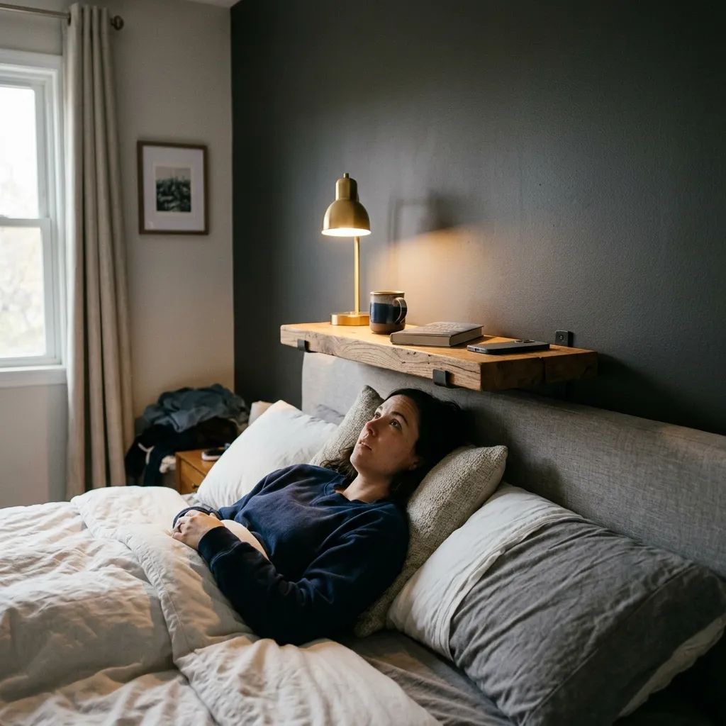 A wooden floating side table built dangerously low right above the head of a bed