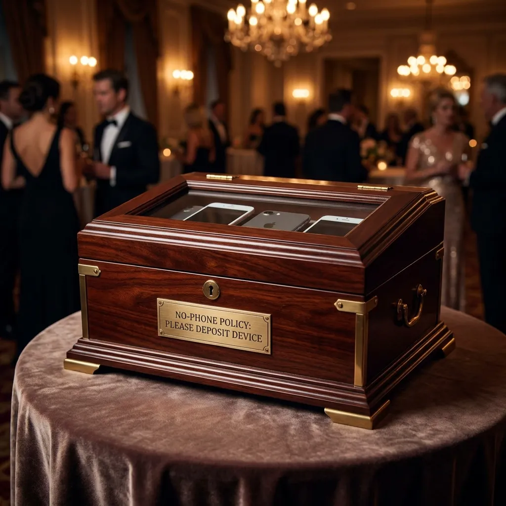 An elegant wooden lockbox used for collecting cell phones at a luxury event, illustrating the strict no-phone mandate in the Taylor Swift wedding guest rules.