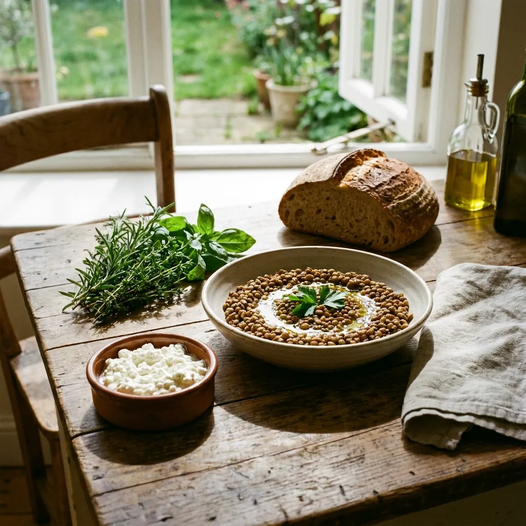 Rustic table setting showcasing raw ingredients for high-protein meat alternatives including lentils and cottage cheese
