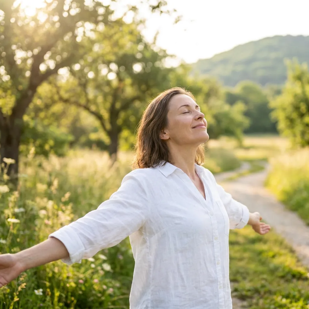 A happy woman enjoying the outdoors and experiencing a pain-free life after utilizing leech therapy for chronic migraines.