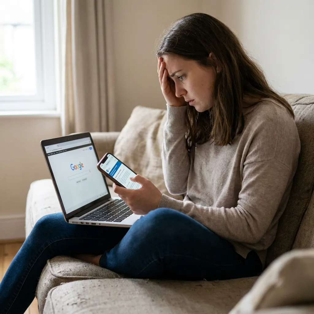 A concerned young woman sitting on her couch, researching her symptoms on a laptop or smartphone.