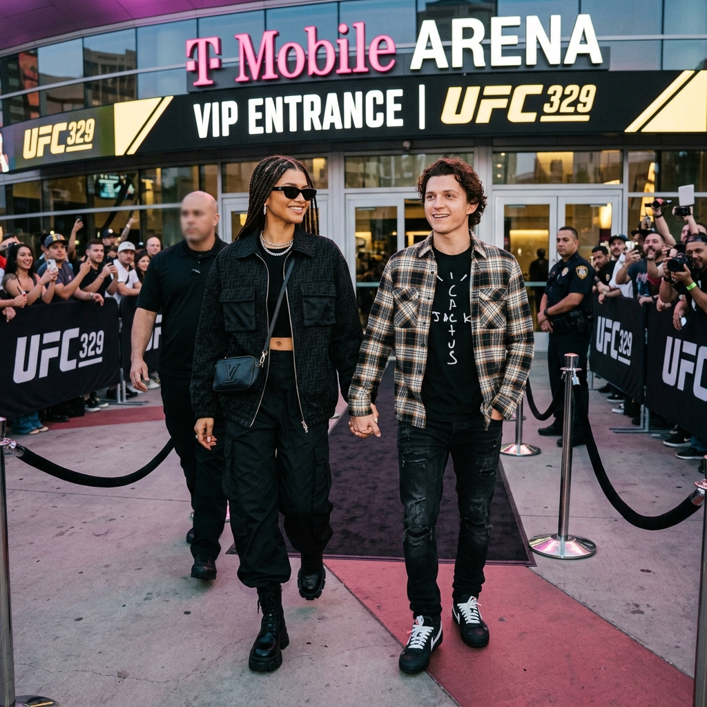 Zendaya and Tom Holland looking stylish in designer streetwear walking through the VIP entrance of the T-Mobile Arena for UFC 329
