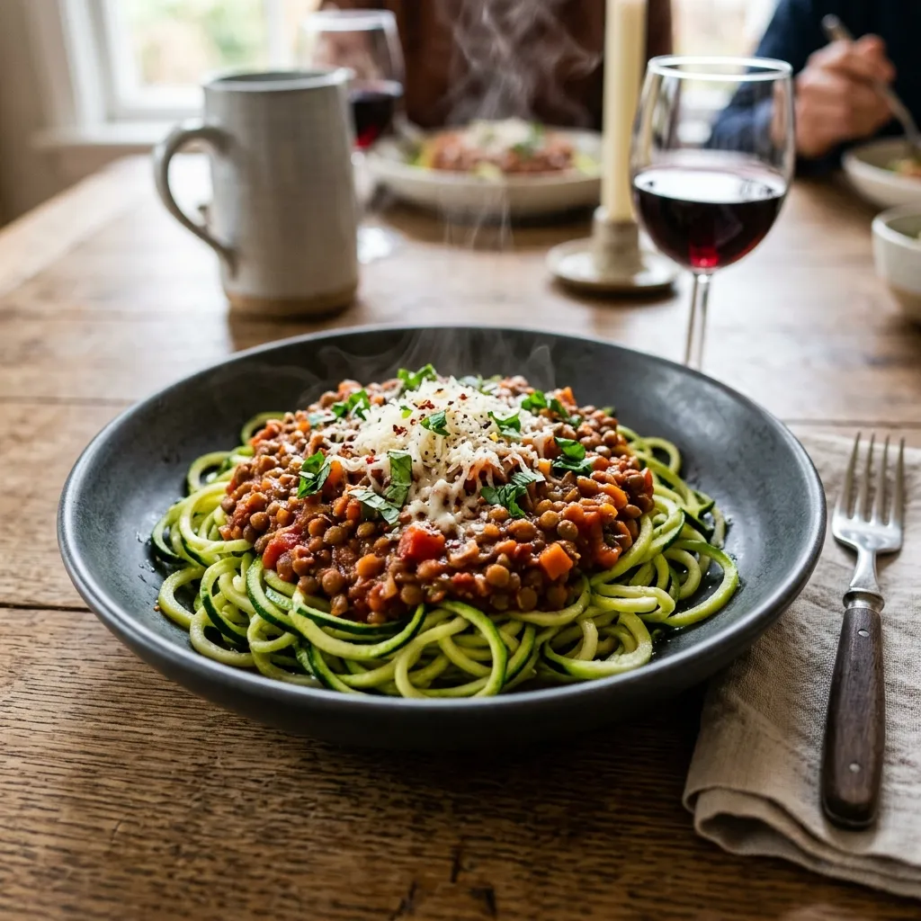 A sleek plate of spiralized, lightly sauteed zucchini noodles topped with a generous, steaming portion of rich lentil and tomato bolognese sauce.