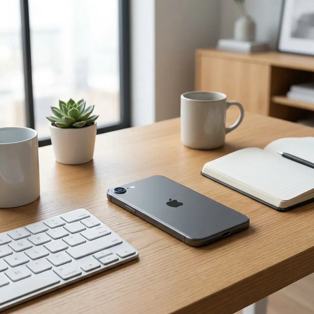 A pristine white iPhone 16e resting on a wooden desk, showcasing the premium quality of Apple refurbished iPhone 16e deals for budget-conscious buyers.