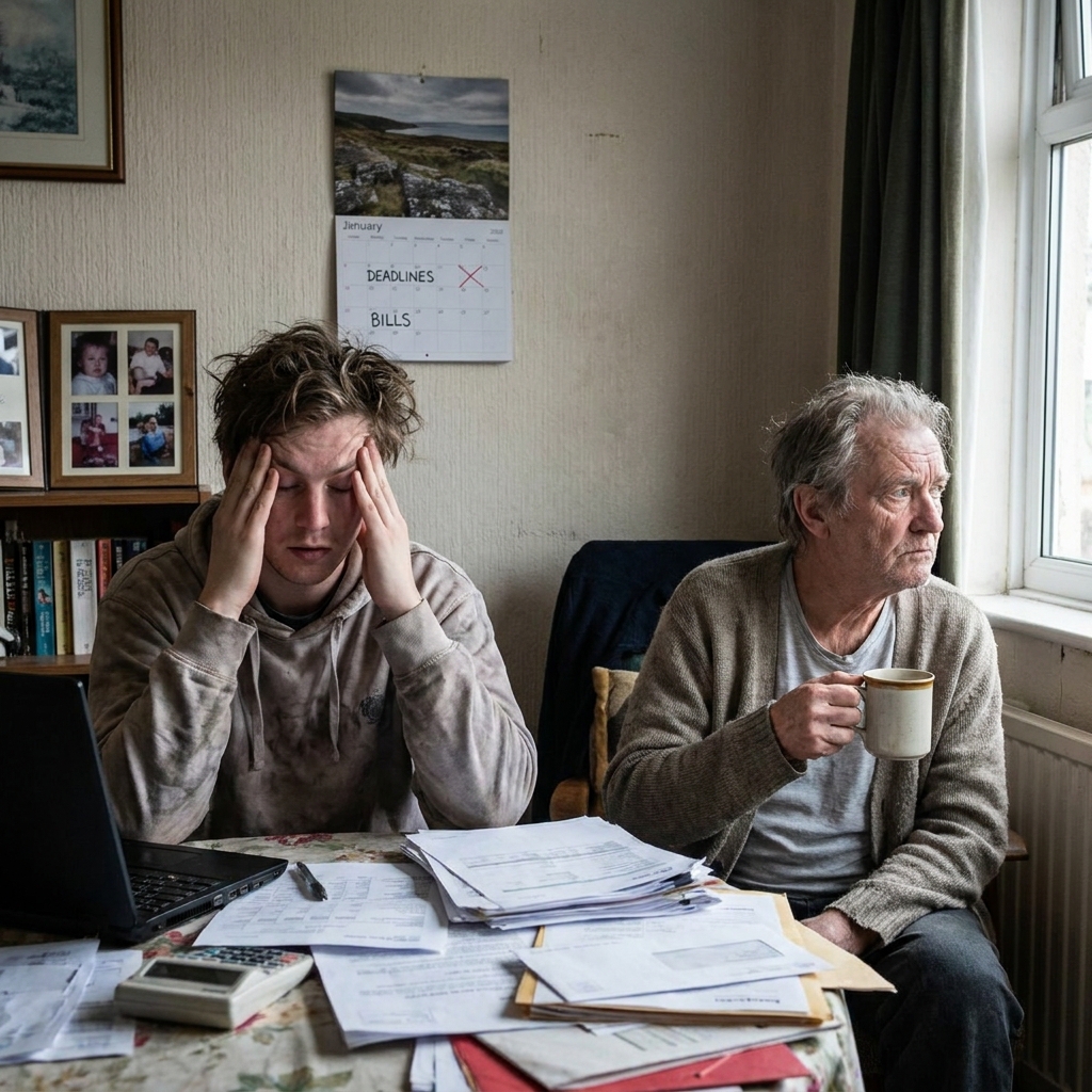 : A stressed young adult and a thoughtful older person representing what ages you the most in life.