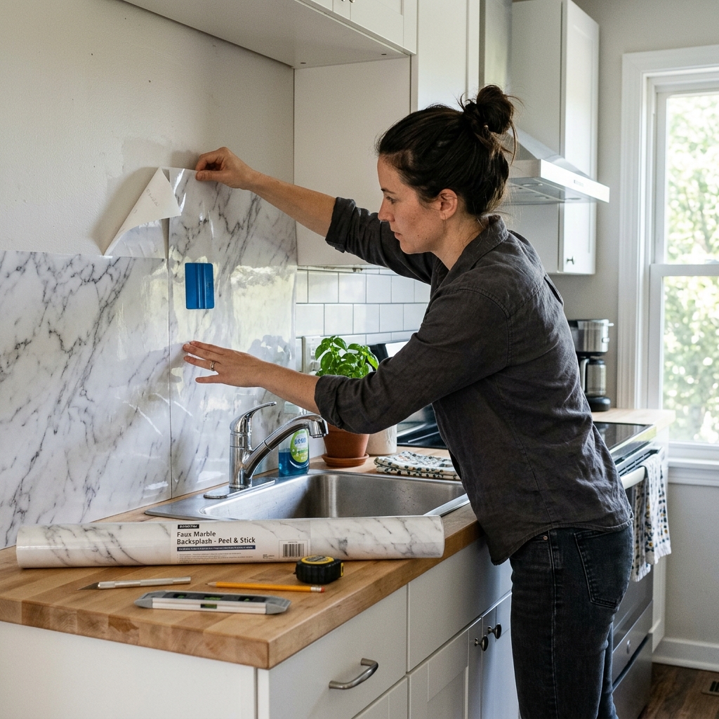 A person applying a realistic faux-marble peel-and-stick backsplash over a kitchen counter for an affordable luxe home upgrade.