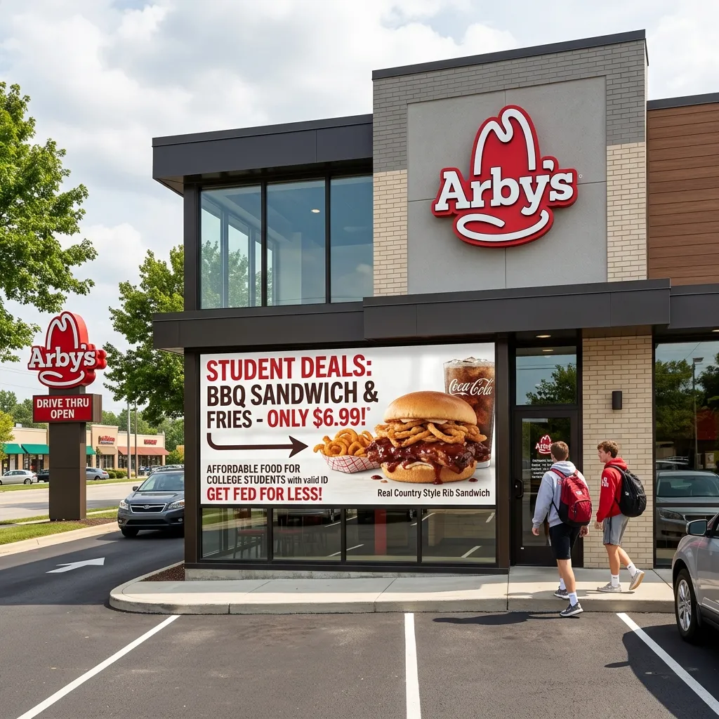 Daytime exterior of an Arby's restaurant displaying a large window advertisement for a $6.99 student deal on a BBQ sandwich and fries, as two young men with backpacks walk toward the front entrance.