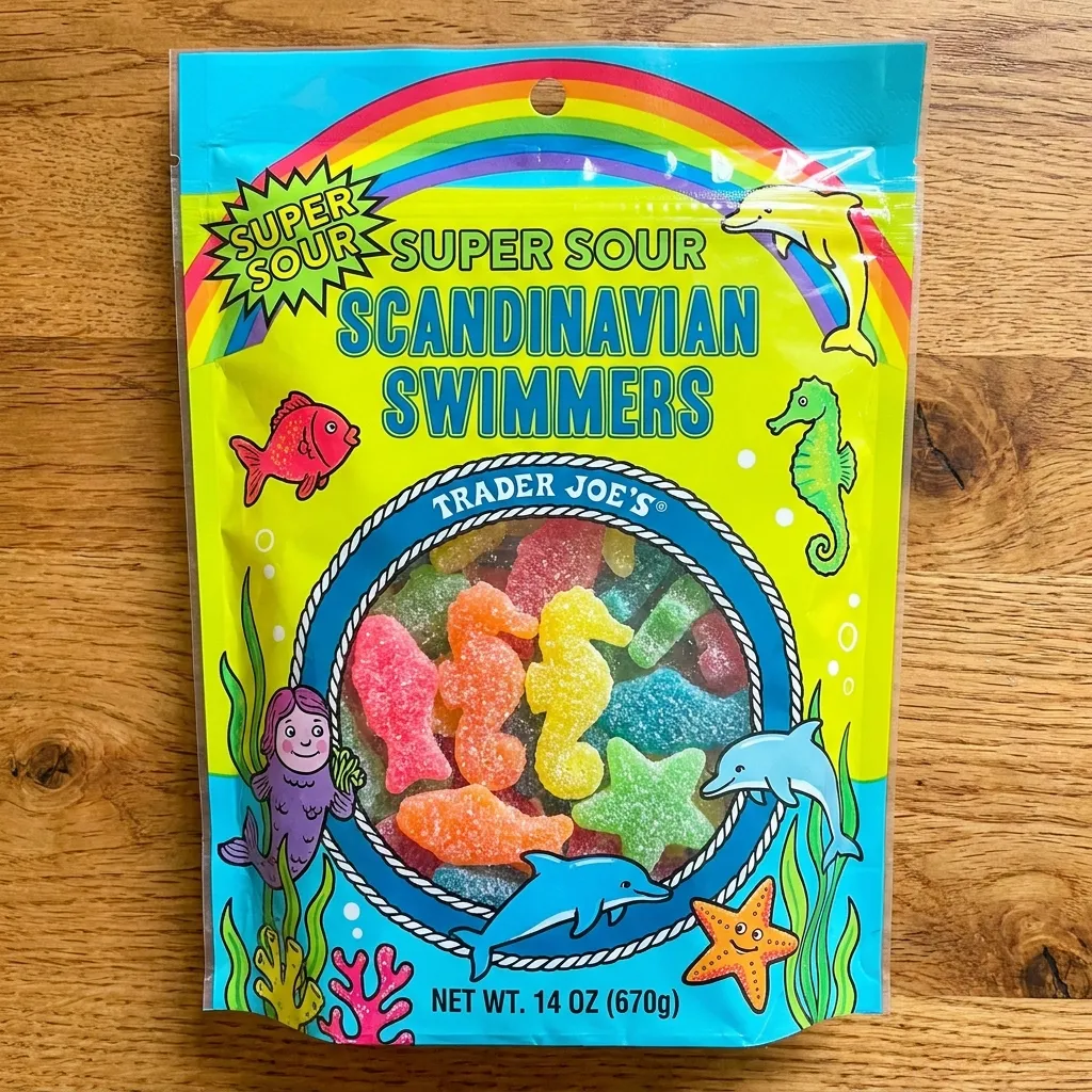 A brightly colored bag of Trader Joe's Super Sour Scandinavian Swimmers gummies shaped like sea life