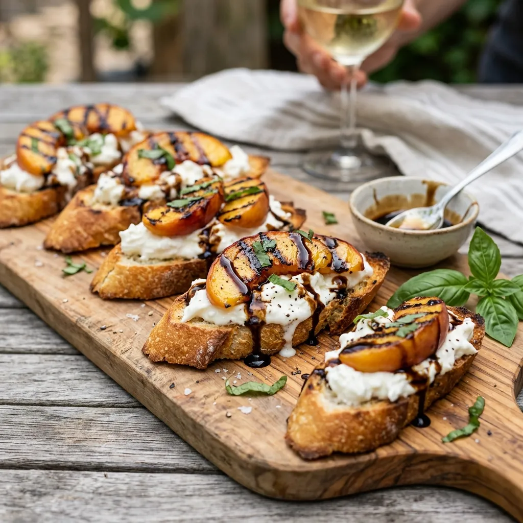 rispy baguette slices topped with creamy burrata, grilled peach slices, and drizzled with dark balsamic glaze.