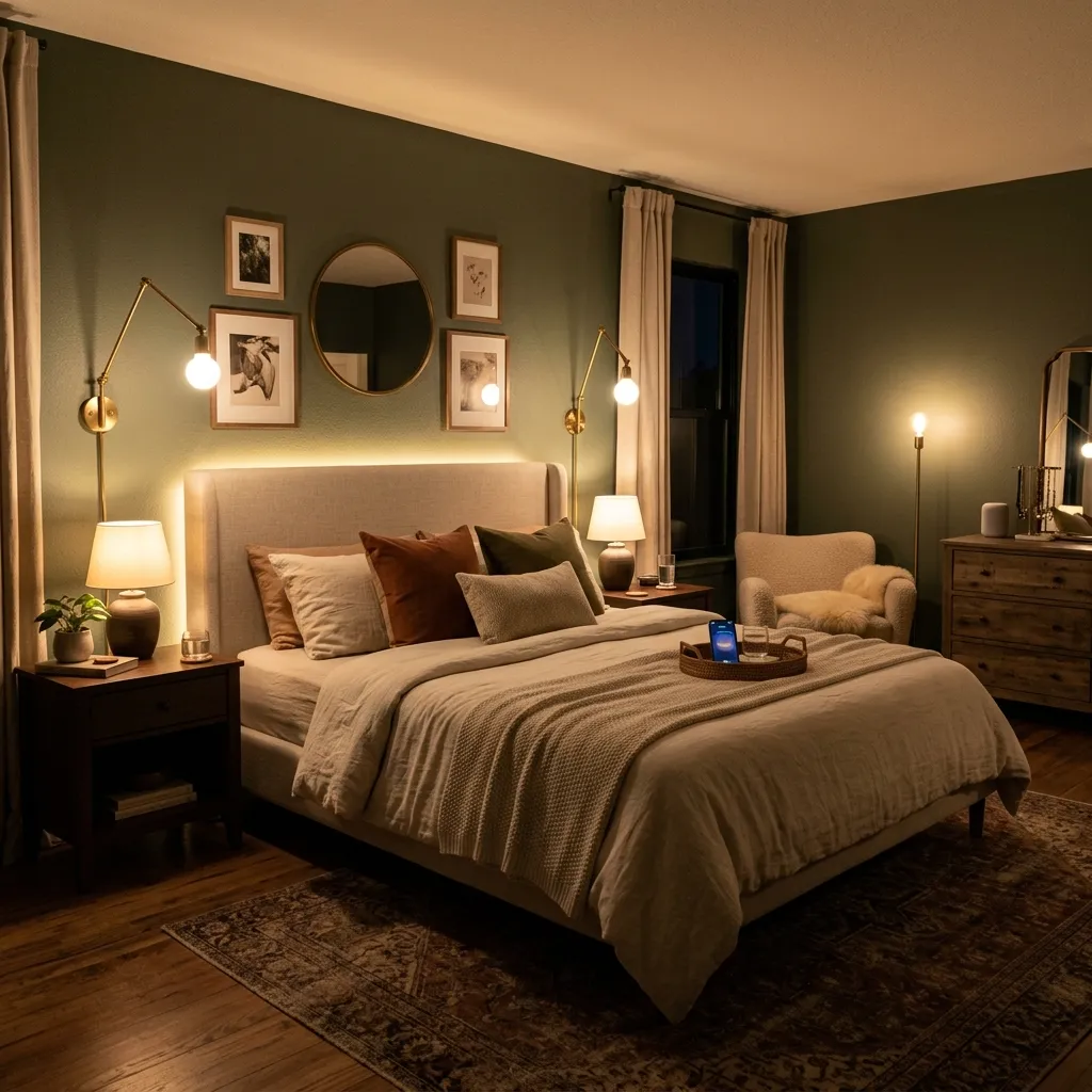 A cozy bedroom with warm, dimmed smart lighting showcasing the ambient impact of affordable luxe home upgrades.