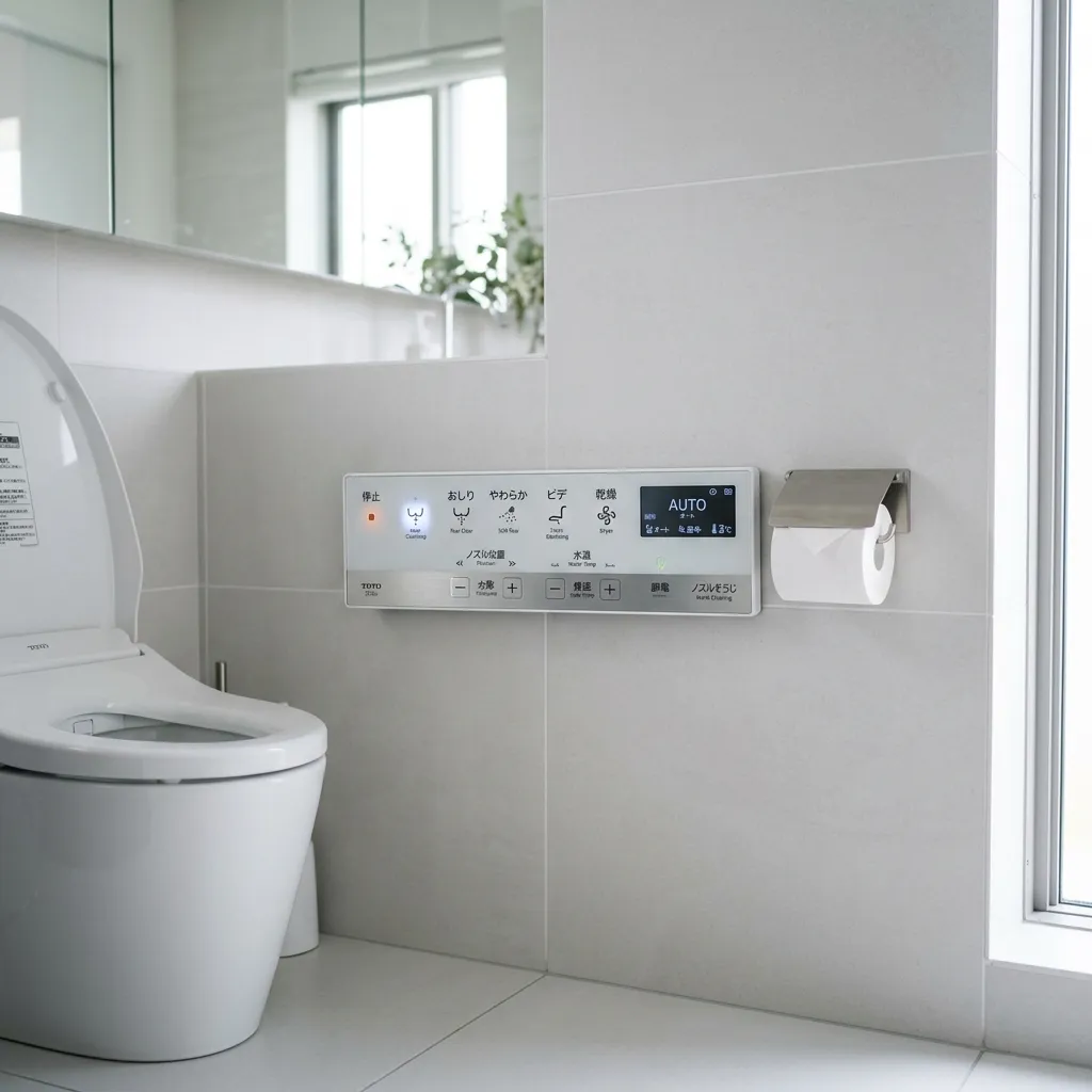 Sleek modern Japanese electronic bidet toilet control panel on a clean bathroom wall