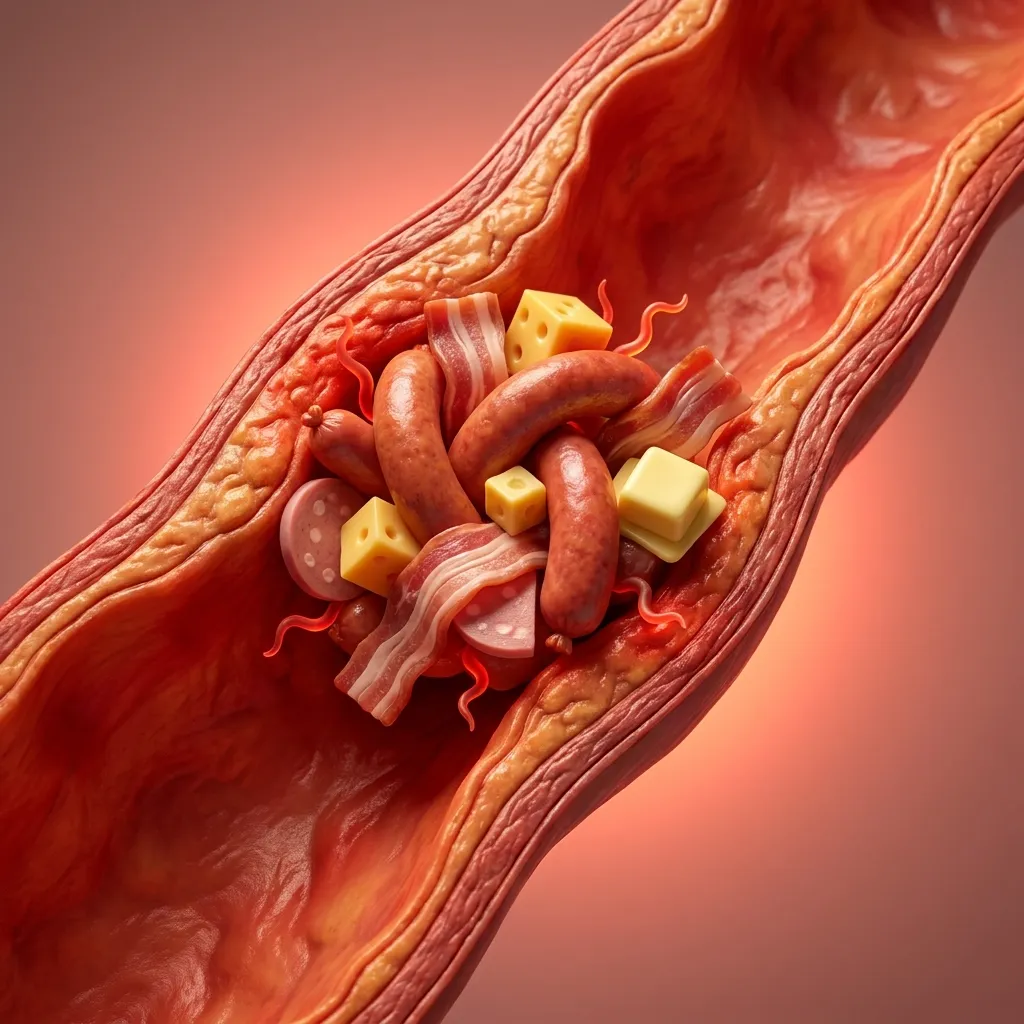 Metaphorical macro illustration of a narrow, congested human colon passage blocked by processed meat and dairy fats, symbolizing the digestive and cardiovascular risks associated with an extreme carnivore diet for colon health