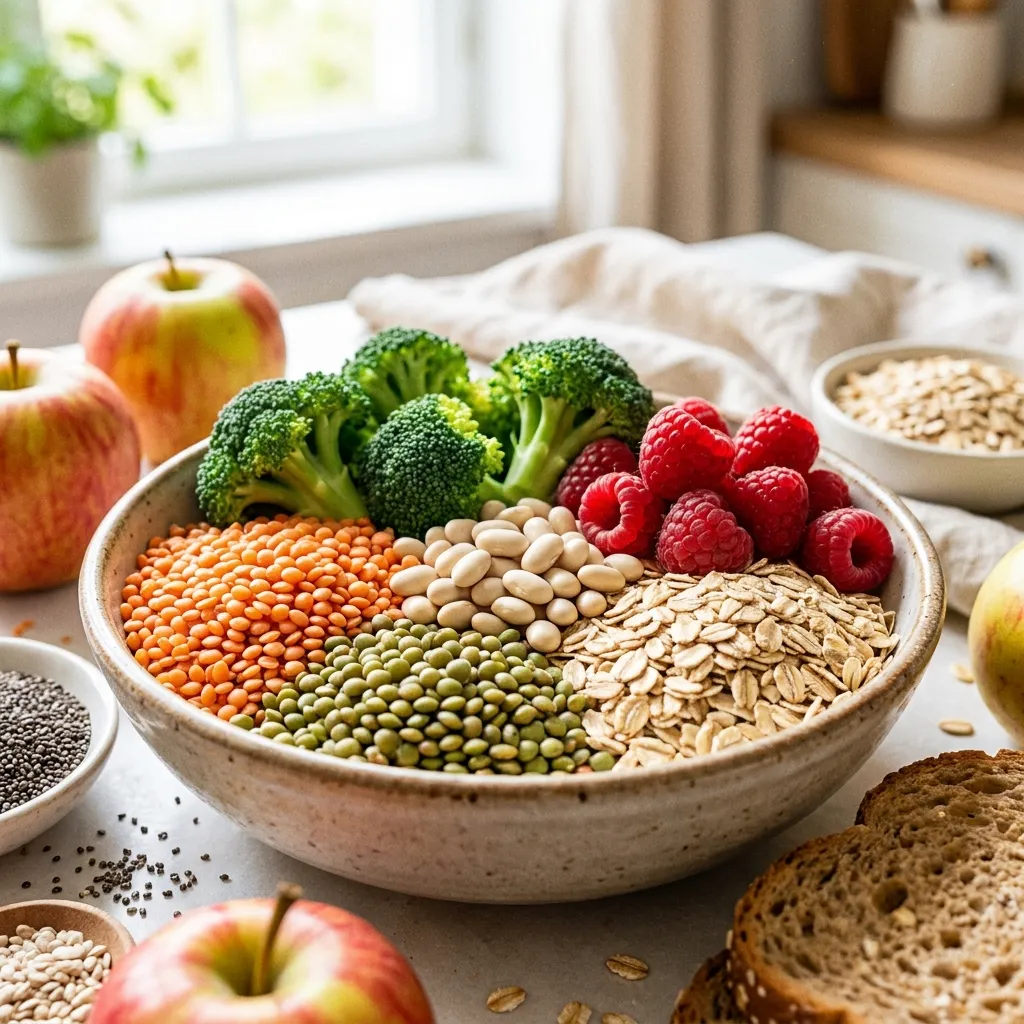 Rustic bowl brimming with fiber-rich whole foods like lentils, broccoli, and berries, crucial for colon function and absent in the extreme carnivore diet for colon health