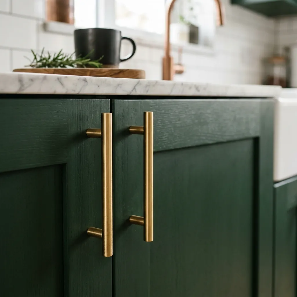 Close-up of stylish brushed brass cabinet pulls installed on deep green kitchen cabinets as an affordable luxe home upgrade.