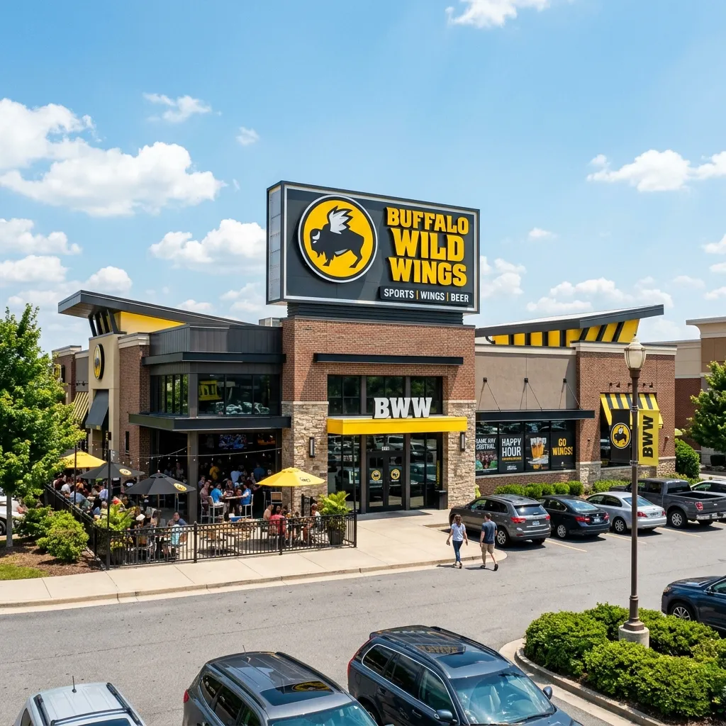 Daytime exterior view of a Buffalo Wild Wings restaurant showing the main entrance, a large rooftop logo sign, and a crowded outdoor patio area with yellow umbrellas under a sunny sky.