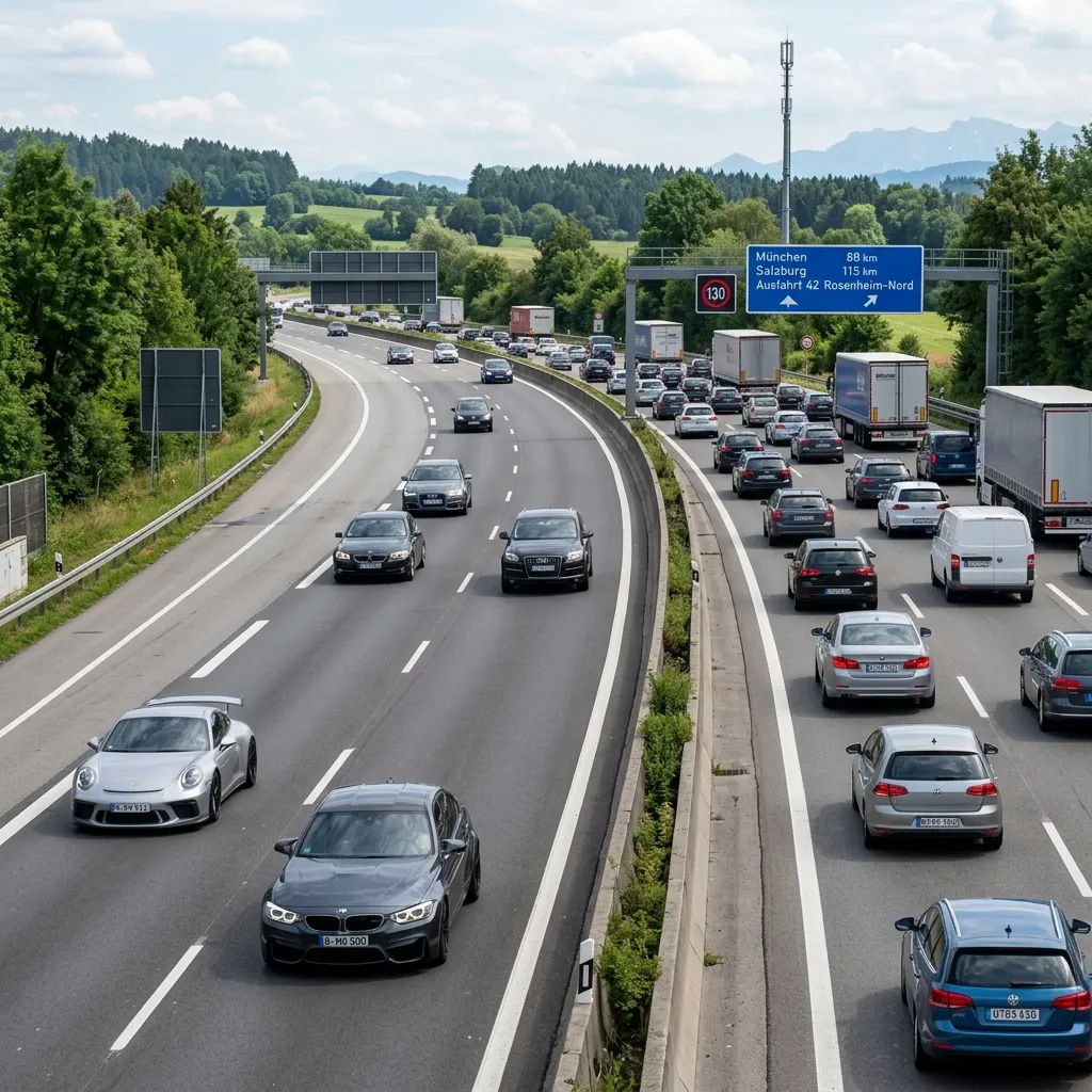 Multi-lane Autobahn highway showing cars keeping right and leaving left lane open for passing