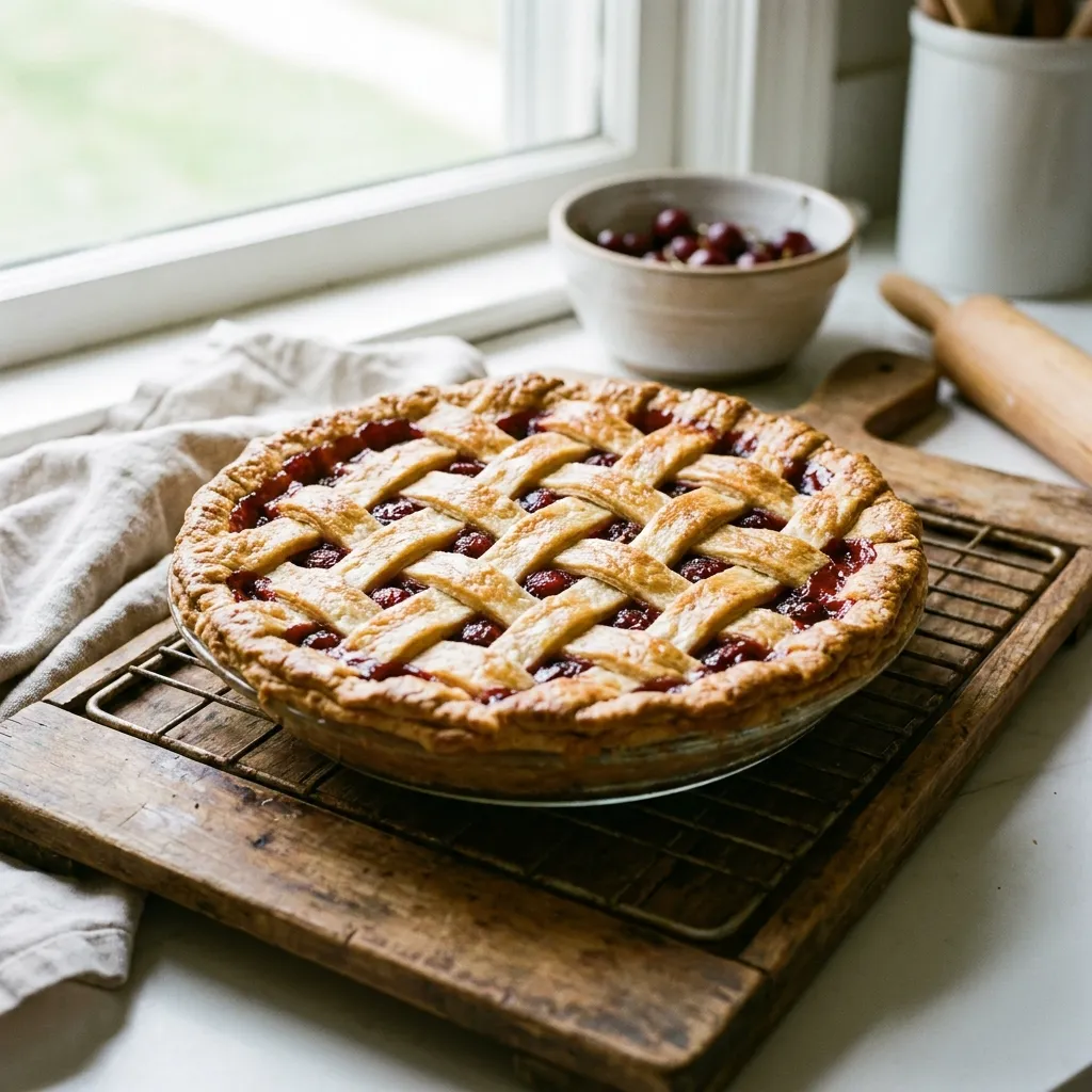 Feature image of a finished cherry lattice pie on a wooden cooling rack, showing a perfectly golden and flaky crust, set in a bright kitchen with soft natural light.