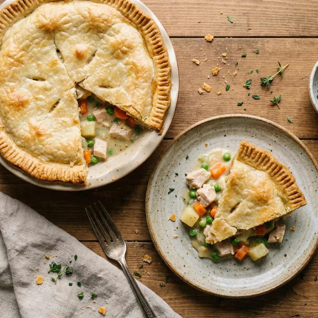 Overhead flat-lay view of a baked chicken pot pie made with a frozen store-bought crust, sitting next to a plated slice that reveals a rich, creamy vegetable filling.