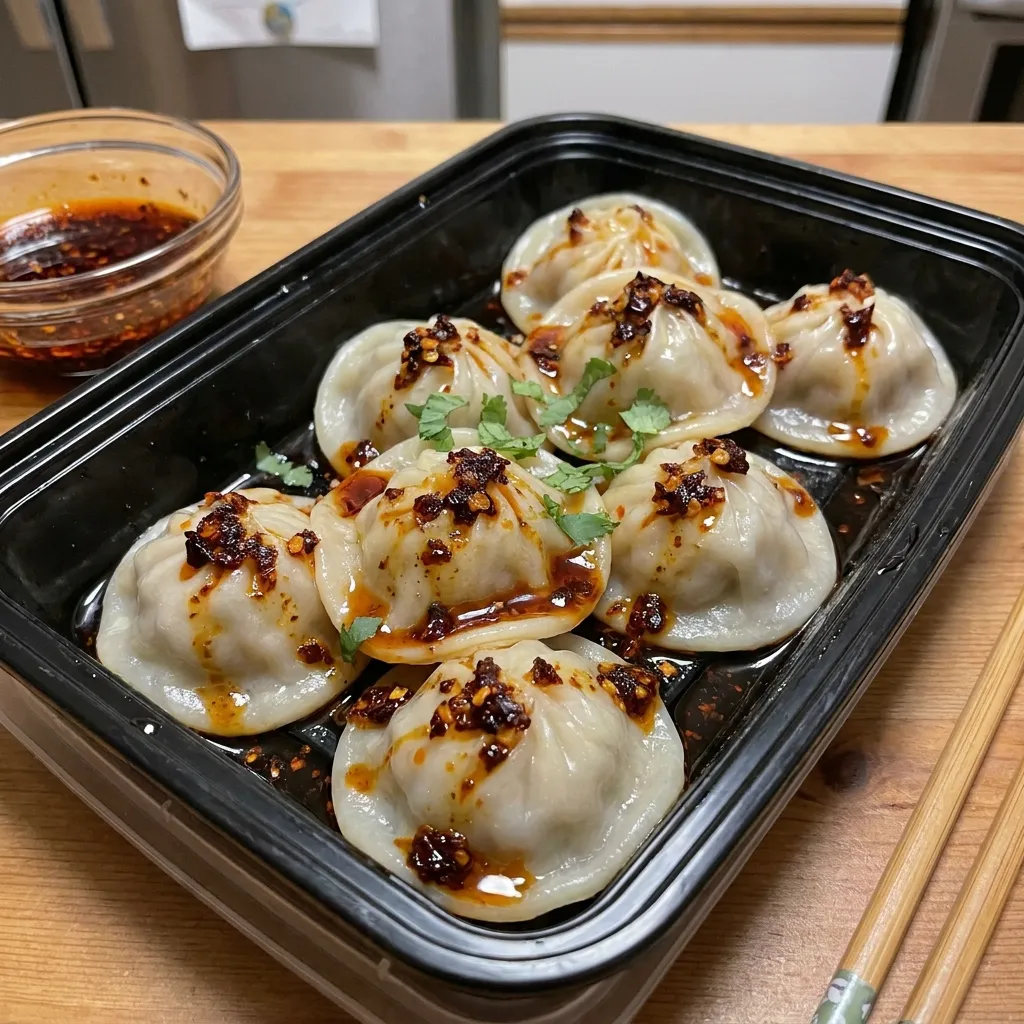 Steamed Trader Joe's chicken soup dumplings in a black tray drizzled with savory chili oil
