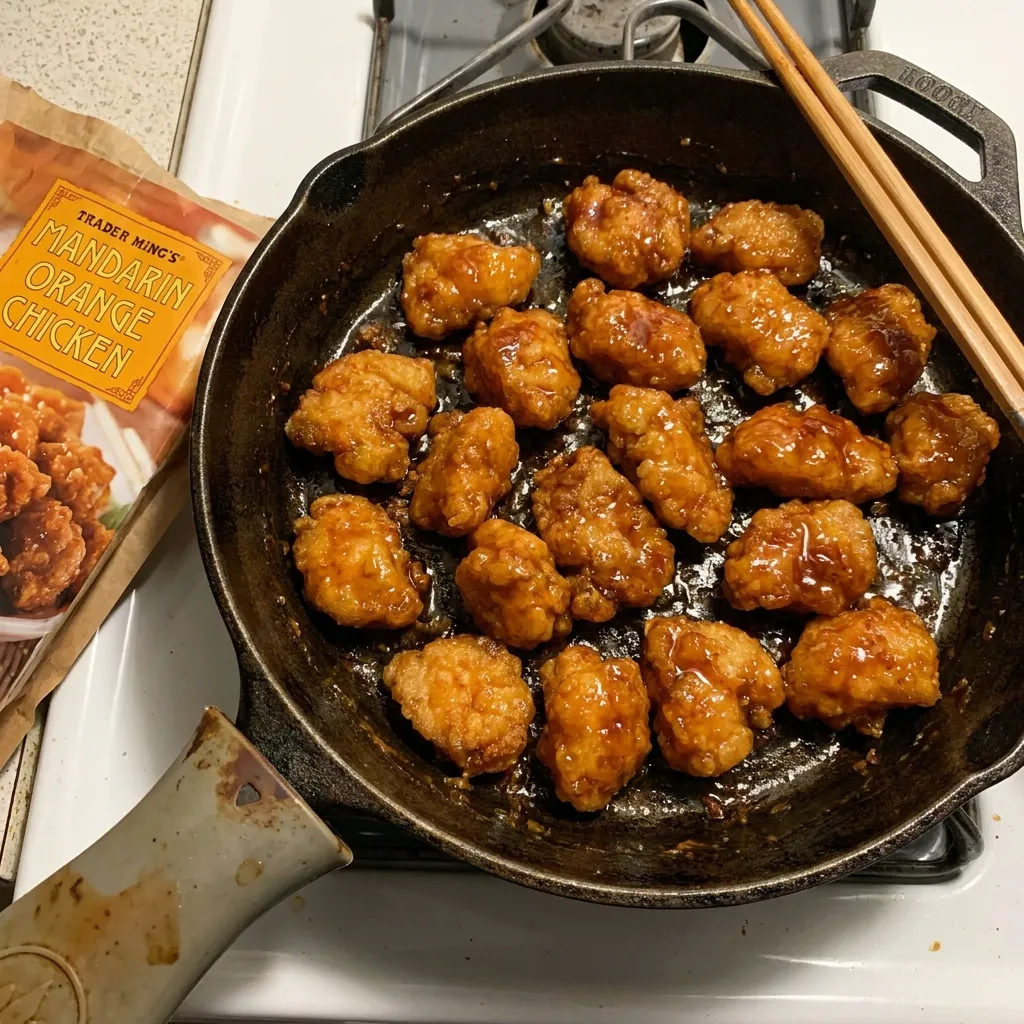 Crispy Trader Ming's Mandarin Orange Chicken tossed in a glossy sauce in a black frying pan