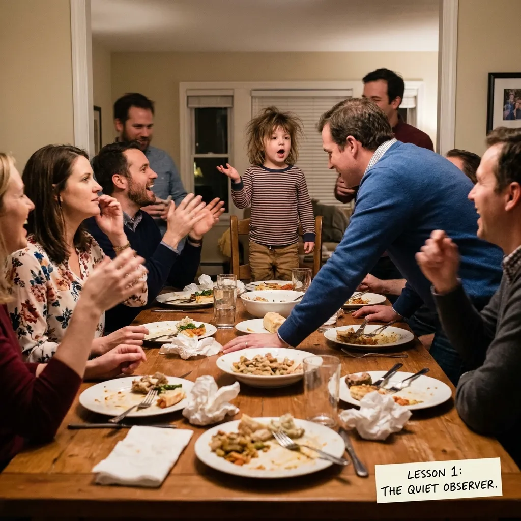 Young boy standing at a crowded family dinner table trying to speak while adults talk over him, featuring a text overlay reading Lesson 1 The Quiet Observer.