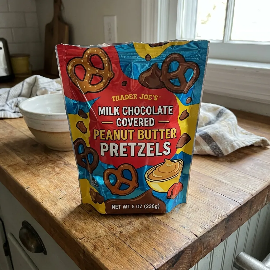 A colorful bag of Trader Joe's milk chocolate covered peanut butter pretzels on a kitchen counter