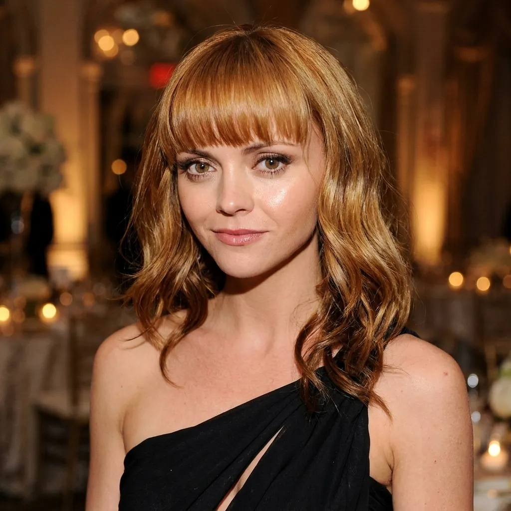 Close-up portrait of actress Christina Ricci debuting strawberry blonde hair with blunt bangs, wearing a black one-shoulder dress at an evening event.