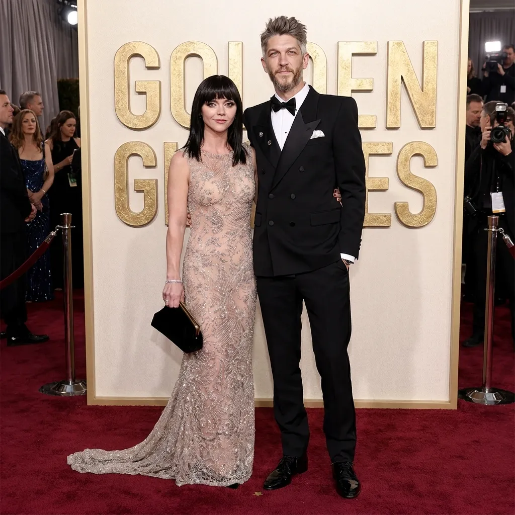 Christina Ricci in a sheer, crystal-embellished gown and Mark Hampton in a classic black tuxedo posing together on the Golden Globes red carpet.